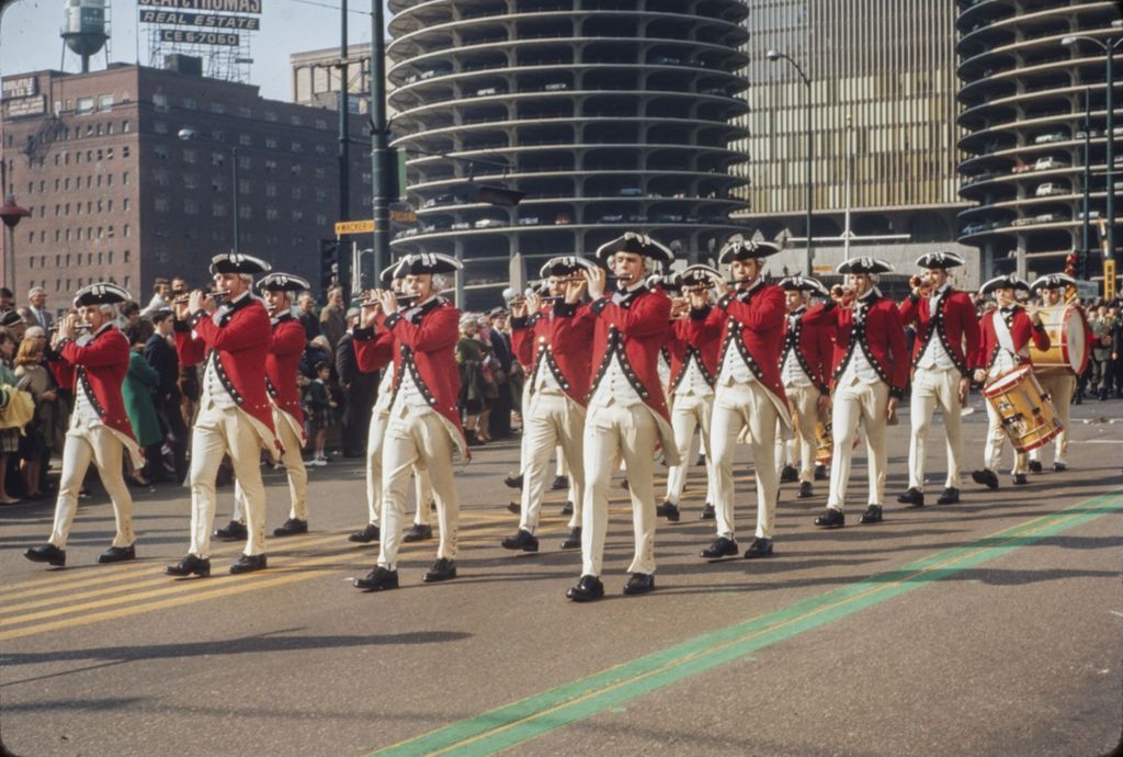 St. Patrick's Day Parade in Chicago, 1966, marching band in American colonial costume