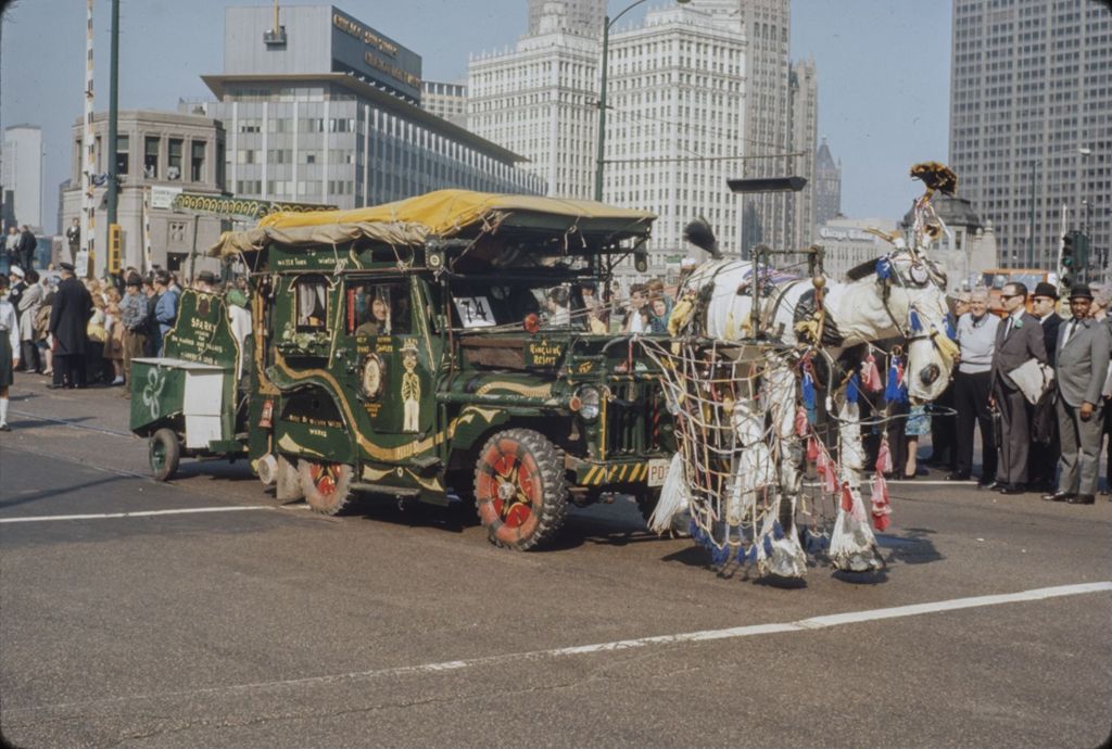 St. Patrick's Day Parade in Chicago, 1966, "Wickham Wagon Works" Parade car