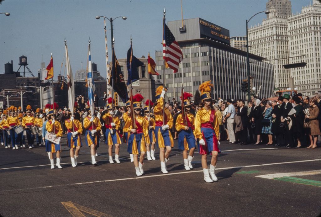 St. Patrick's Day Parade in Chicago, 1966, marching band and color guard