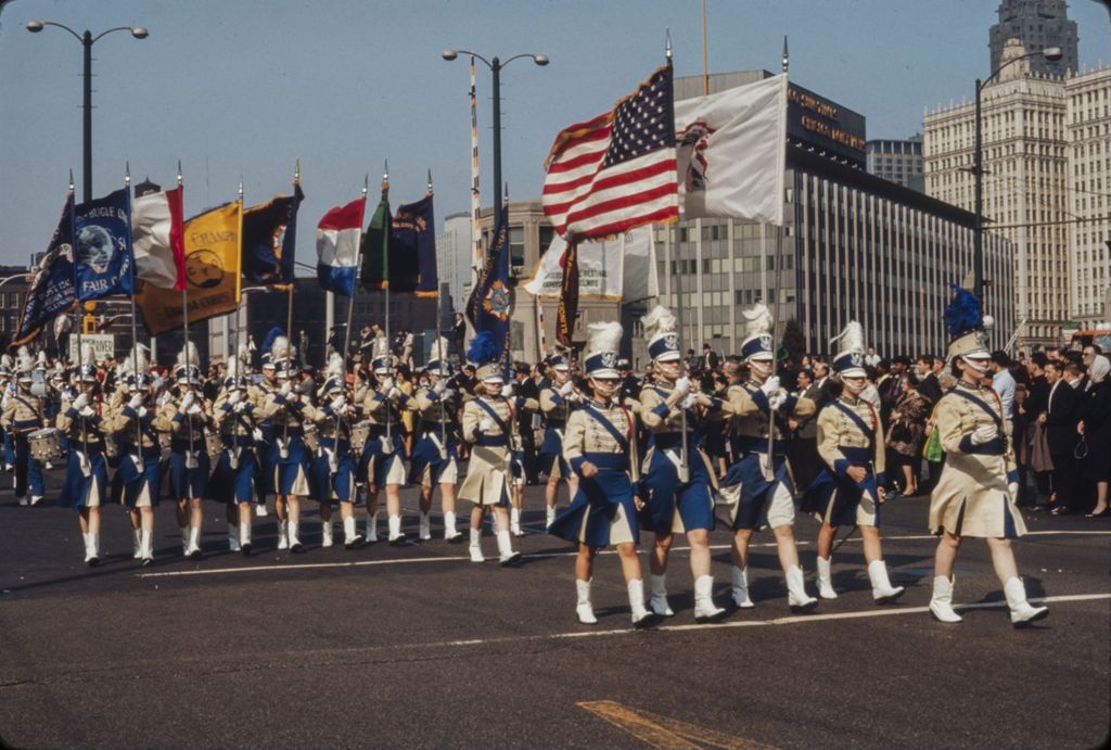 St. Patrick's Day Parade in Chicago, 1966, marching band and color guard