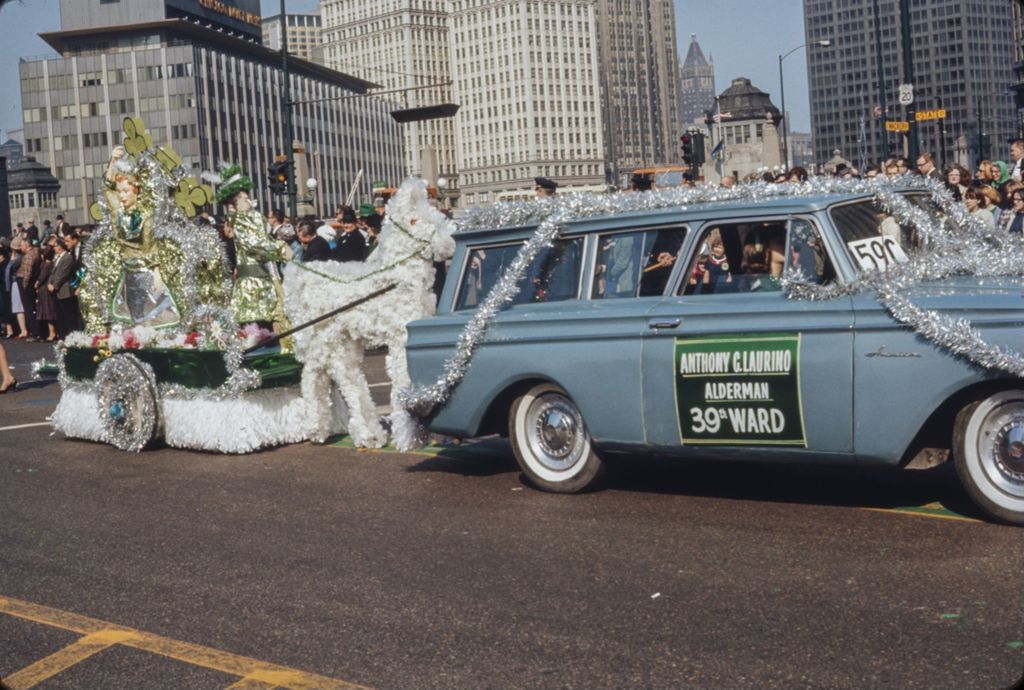 St. Patrick's Day Parade in Chicago, 1966, Irish themed float with a donkey cart driven by a leprechaun