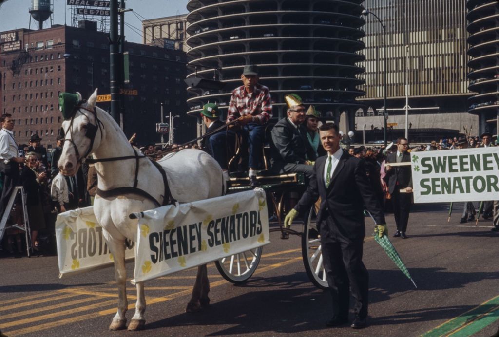 St. Patrick's Day Parade in Chicago, 1966, Sweeney Senators club, horse-drawn buggy