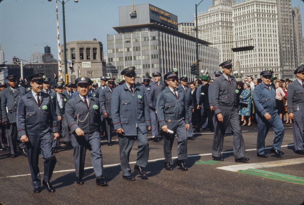 Miniature of St. Patrick's Day Parade in Chicago, 1966, uniformed men marching