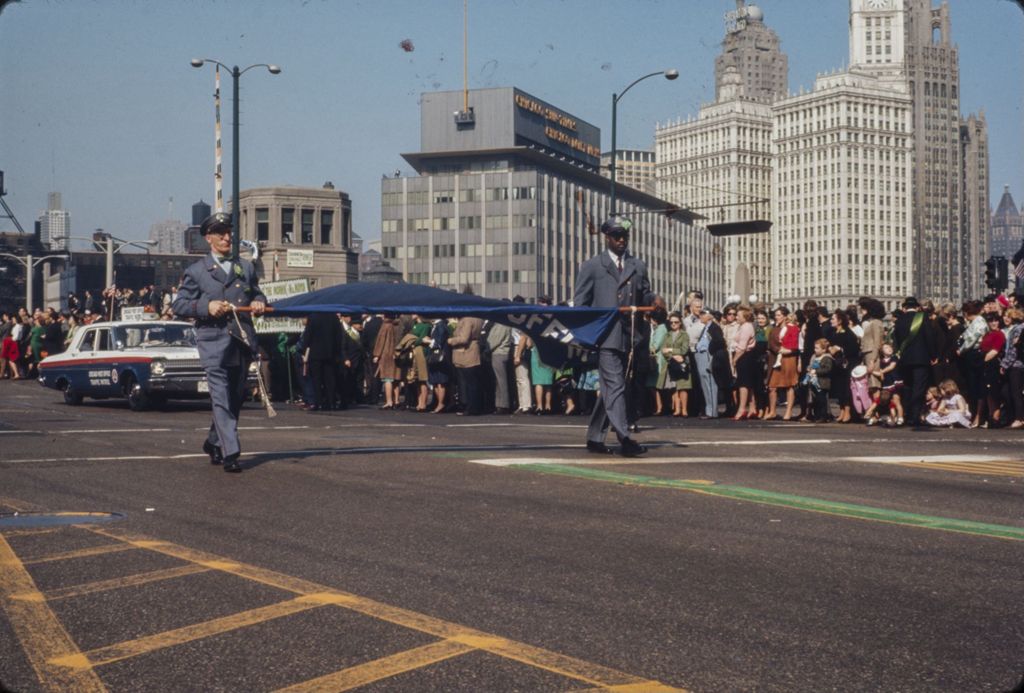 St. Patrick's Day Parade in Chicago, 1966, uniformed men with banner