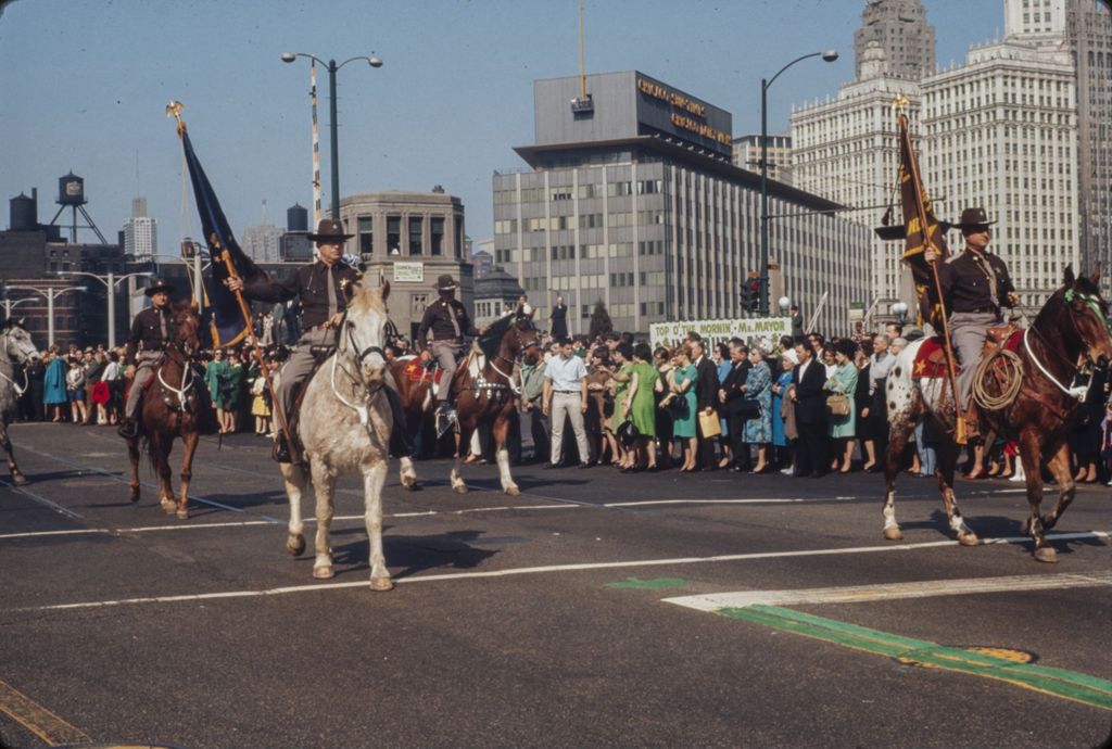 St. Patrick's Day Parade in Chicago, 1966, uniformed men on horses