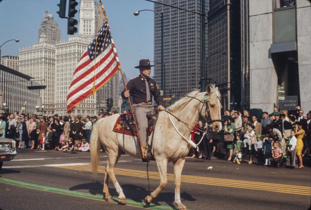 St. Patrick's Day Parade in Chicago, 1966, uniformed man on a horse