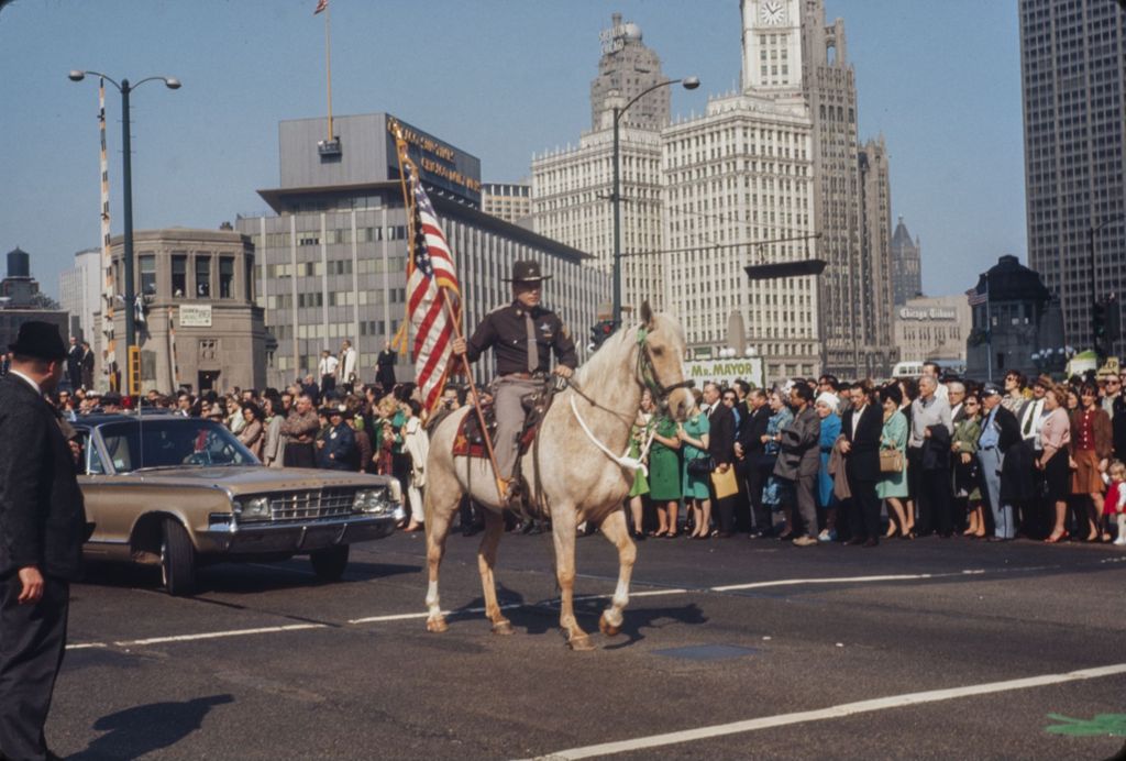 Miniature of St. Patrick's Day Parade in Chicago, 1966, uniformed man on a horse