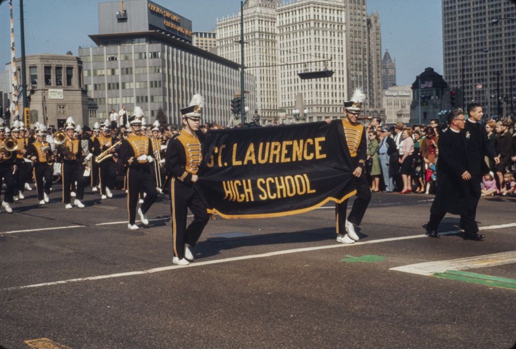 Miniature of St. Patrick's Day Parade in Chicago, 1966, St. Laurence High School marching band