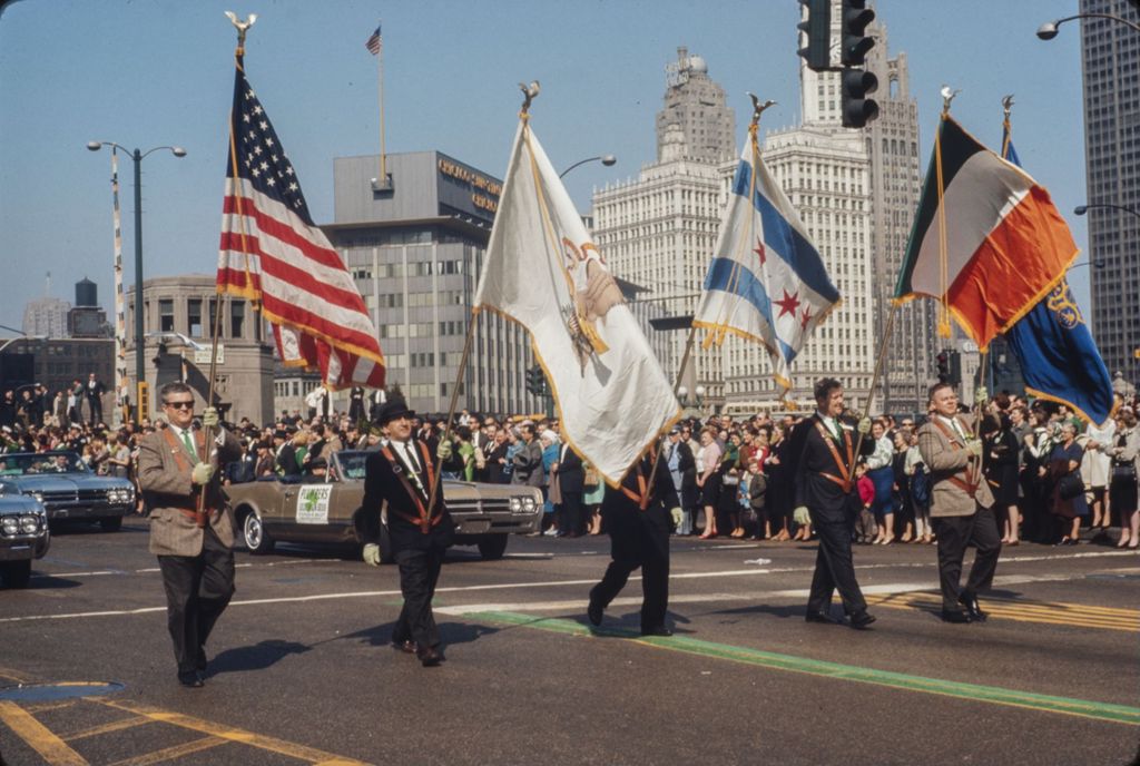 St. Patrick's Day Parade in Chicago, 1966, color guard marching