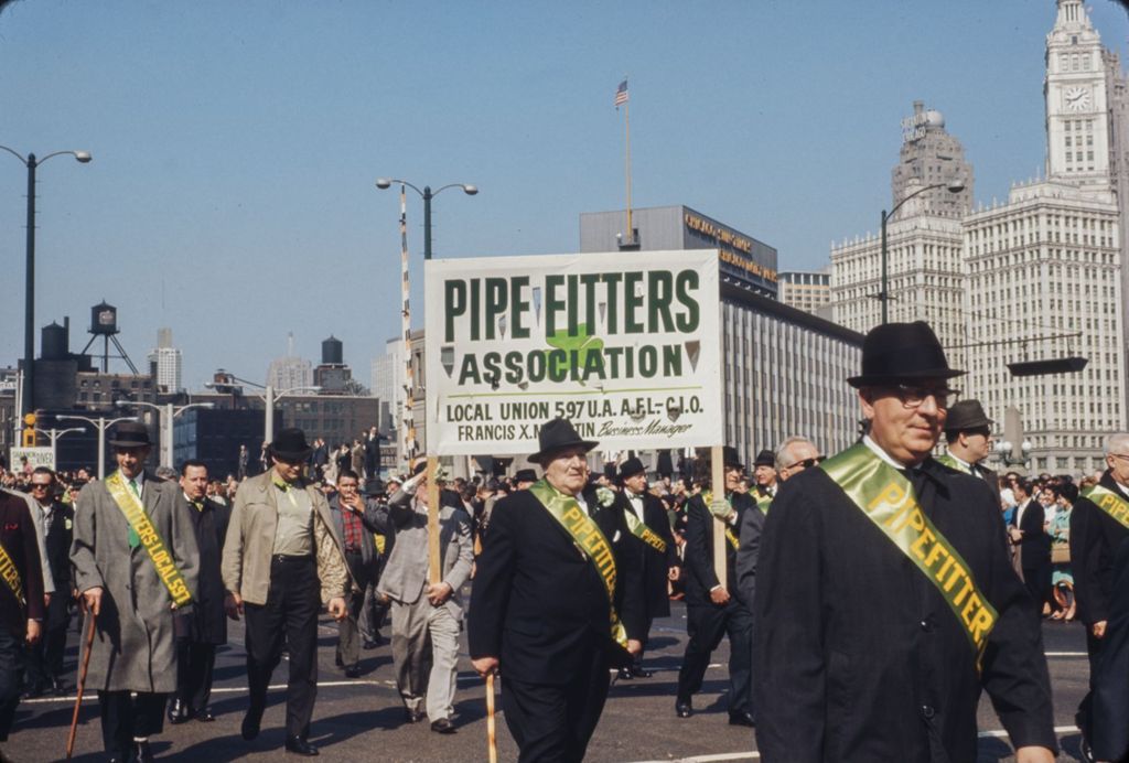 St. Patrick's Day Parade in Chicago, 1966, Pipe Fitters Association Local 597 marching