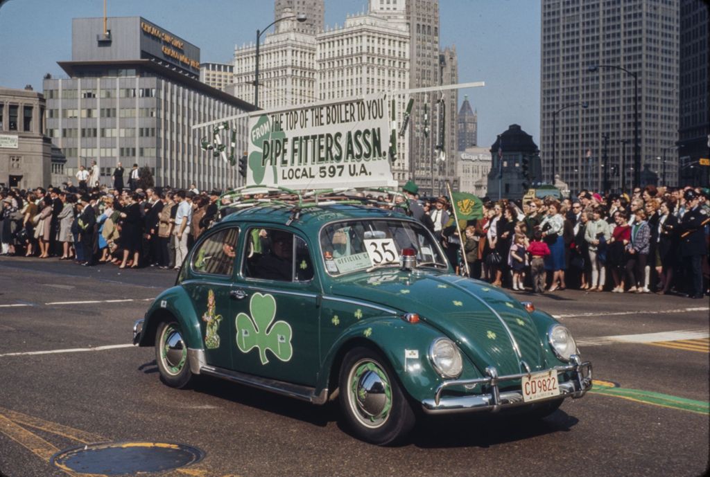 St. Patrick's Day Parade in Chicago, 1966, Pipe Fitters Association in decorated Volkswagen beetle