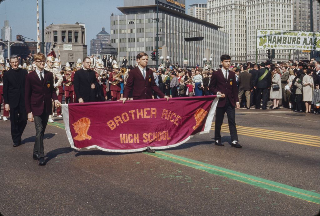 St. Patrick's Day Parade in Chicago, 1966, Brother Rice High School marching