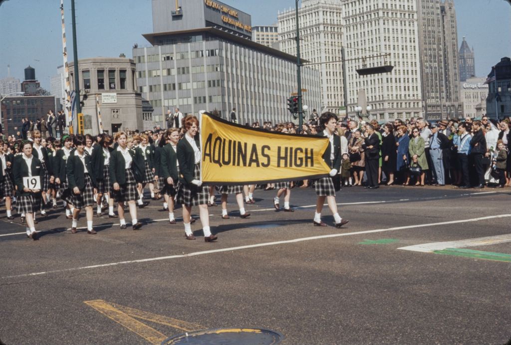 St. Patrick's Day Parade in Chicago, 1966, Aquinas High School students marching