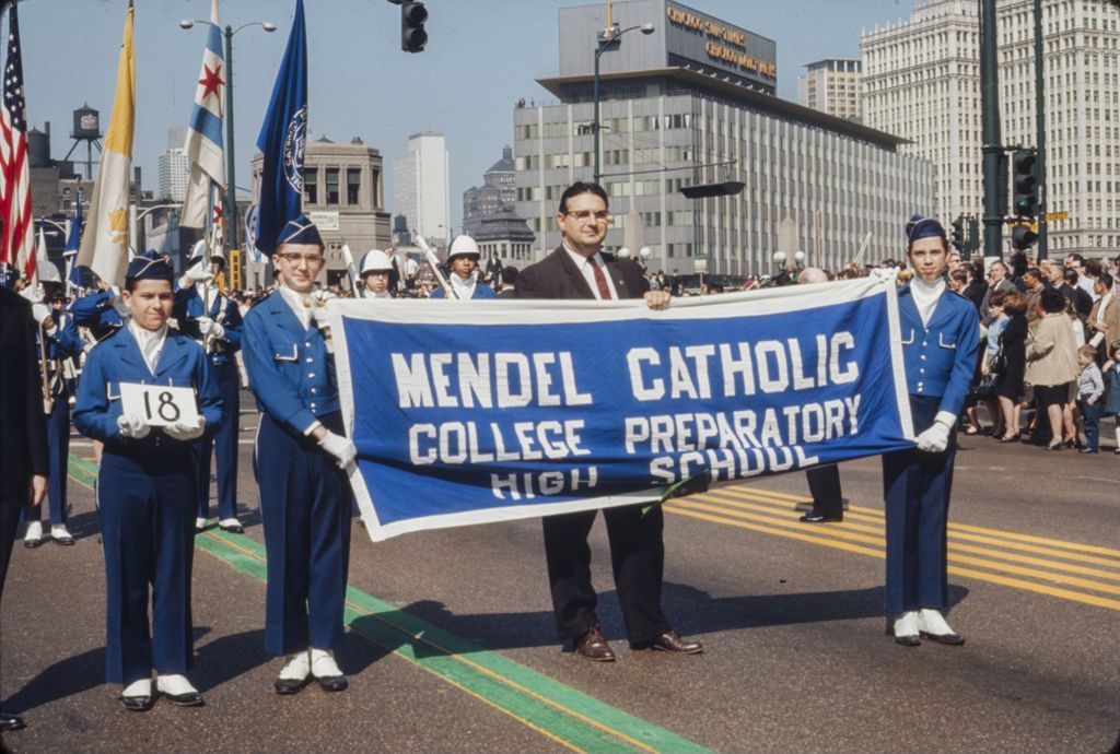 Miniature of St. Patrick's Day Parade in Chicago, 1966, Mendel Catholic College Preparatory High School marching