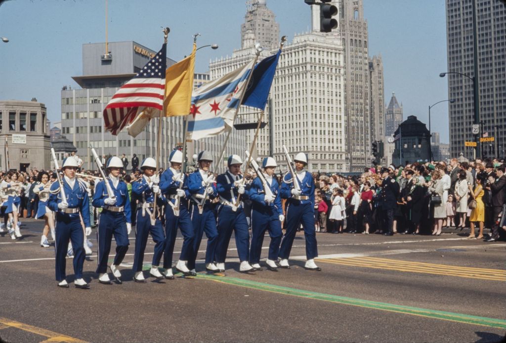 Miniature of St. Patrick's Day Parade in Chicago, 1966, Mendel Catholic College Preparatory High School color guard