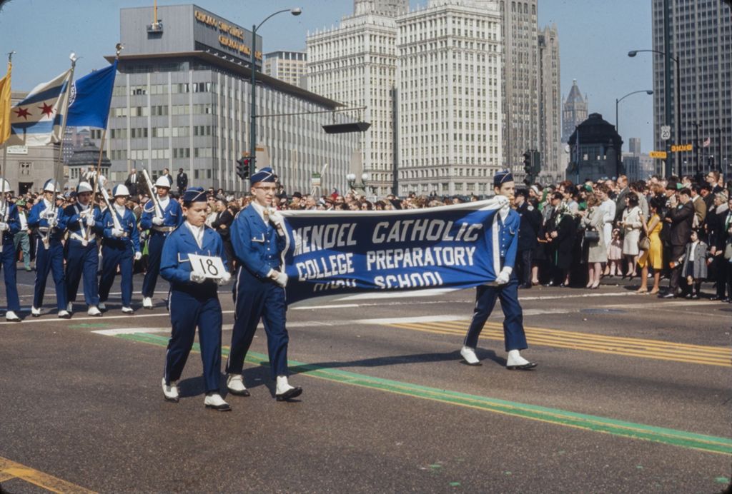 Miniature of St. Patrick's Day Parade in Chicago, 1966, Mendel Catholic College Preparatory High School marching