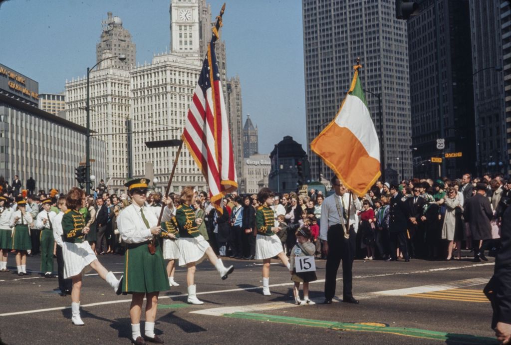 Miniature of St. Patrick's Day Parade in Chicago, 1966, Color guard and majorettes