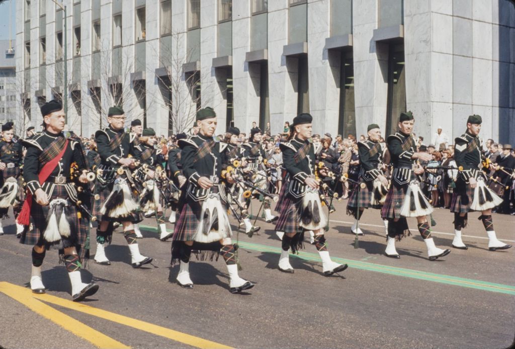 Miniature of St. Patrick's Day Parade in Chicago, 1966, Bagpipe band marching