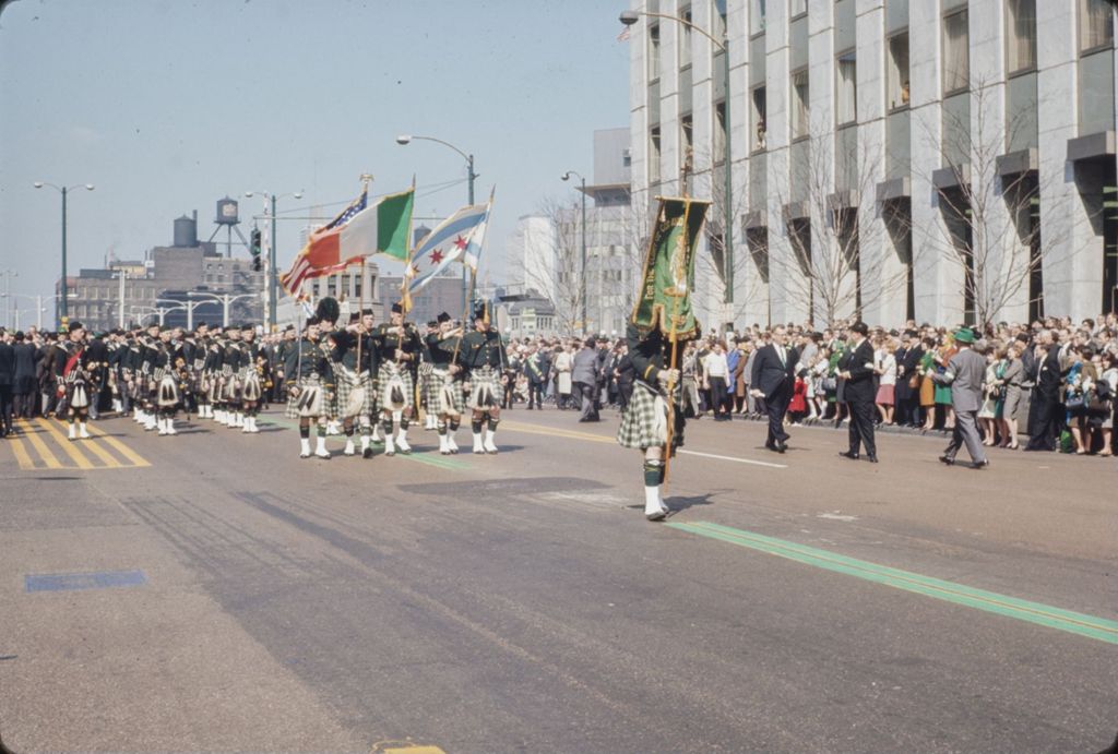 St. Patrick's Day Parade in Chicago, 1966, Bagpipe band marching