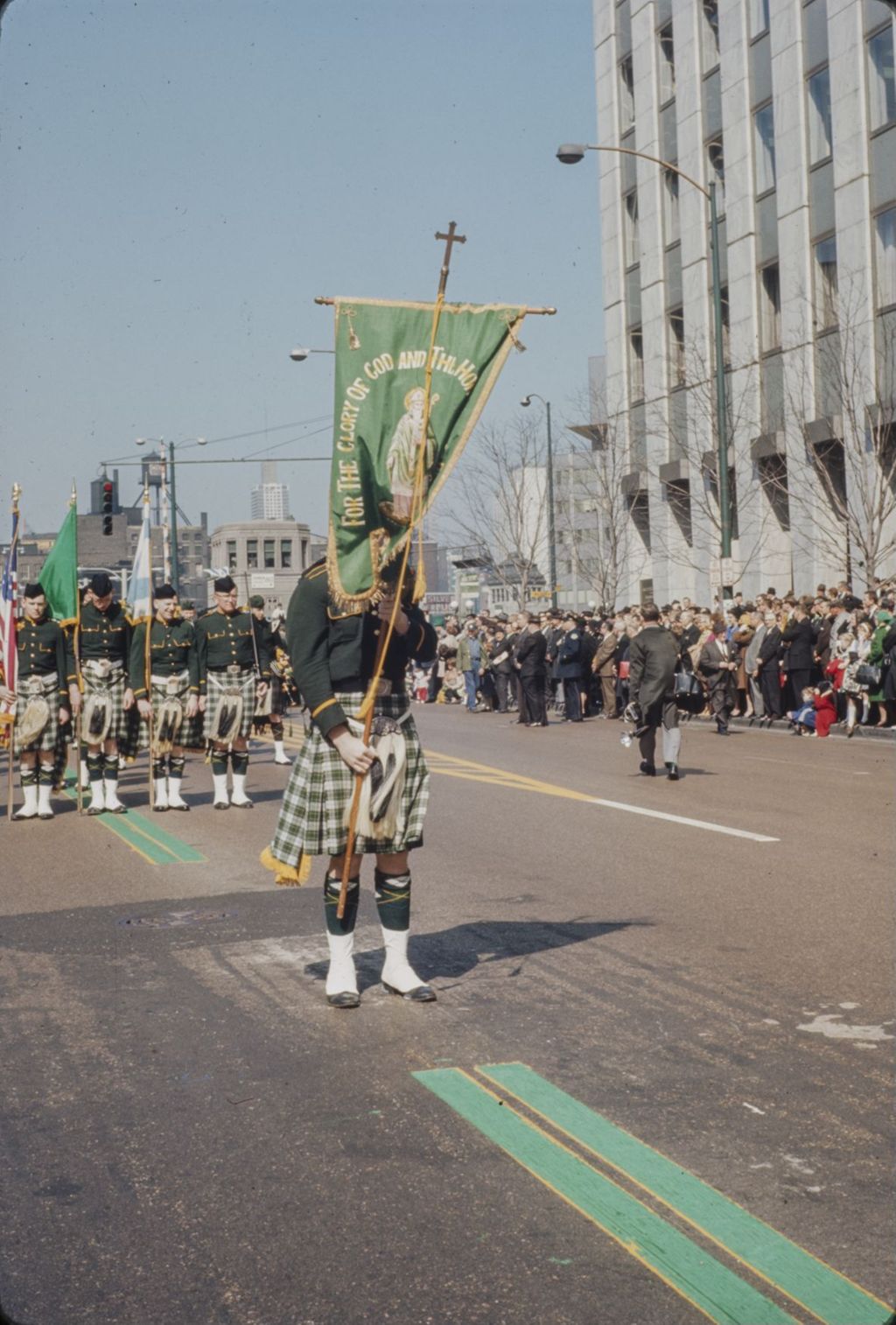 Miniature of St. Patrick's Day Parade in Chicago, 1966, flag bearer for bagpipe band