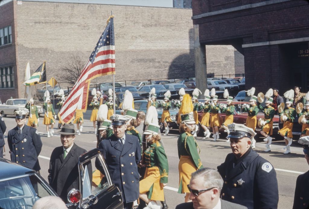 Miniature of St. Patrick's Day in Chicago, 1966, Bellettes Drum and Bugle Corps outside Old St. Patrick's Church