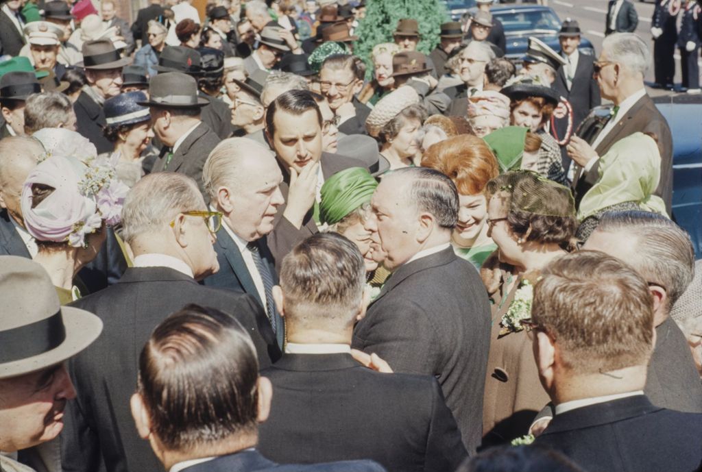St. Patrick's Day in Chicago, 1966, Richard J. Daley in a crowd outside Old St. Patrick's Church
