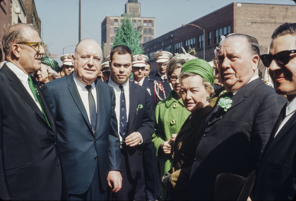 St. Patrick's Day in Chicago, 1966, Eleanor and Richard J. Daley with others outside Old St. Patrick's Church