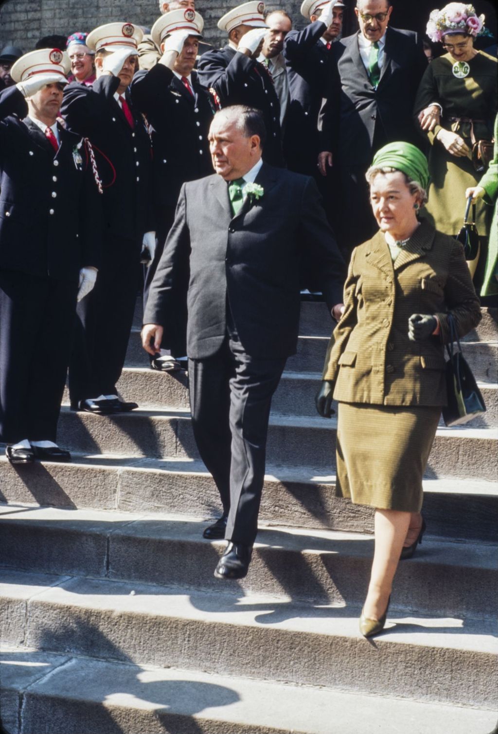 St. Patrick's Day in Chicago, 1966, Richard J. and Eleanor Daley leaving Old St. Patrick's Church