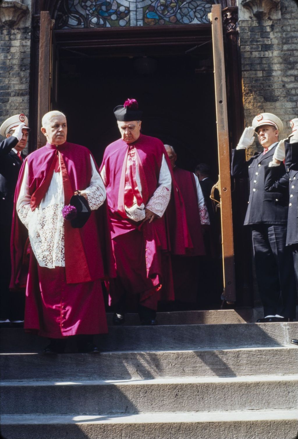 St. Patrick's Day in Chicago, 1966, members of the clergy leaving Old St. Patrick's Church