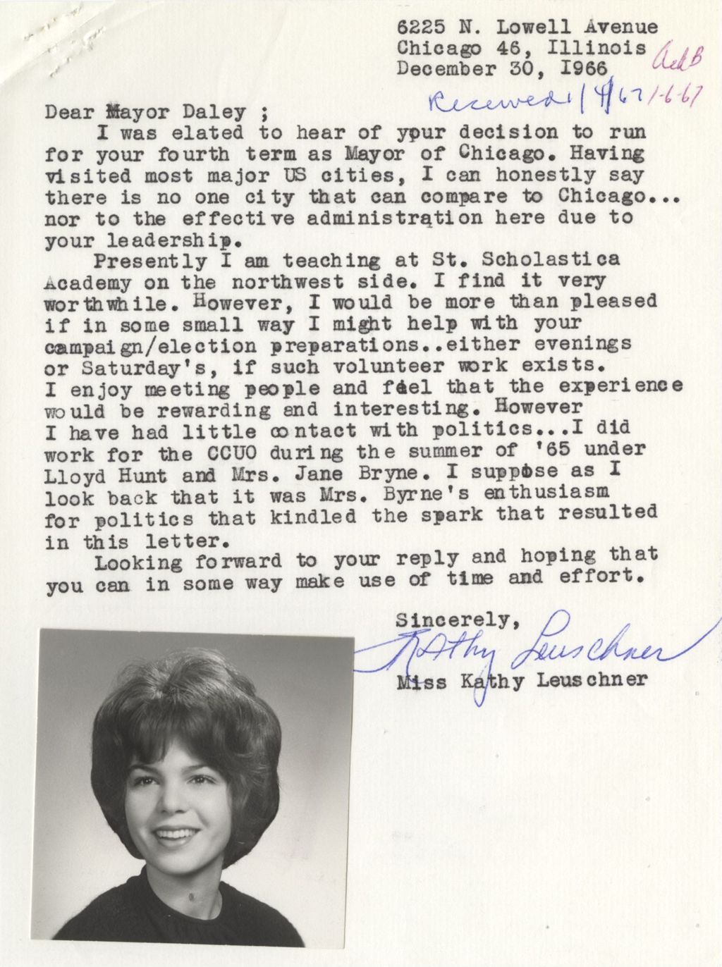Letter to Richard J. Daley from Kathy Leuschner