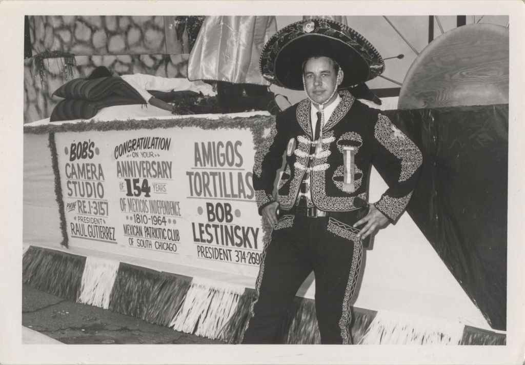 Miniature of Bob Lestinsky wearing a sombrero and embroidered jacket and pants