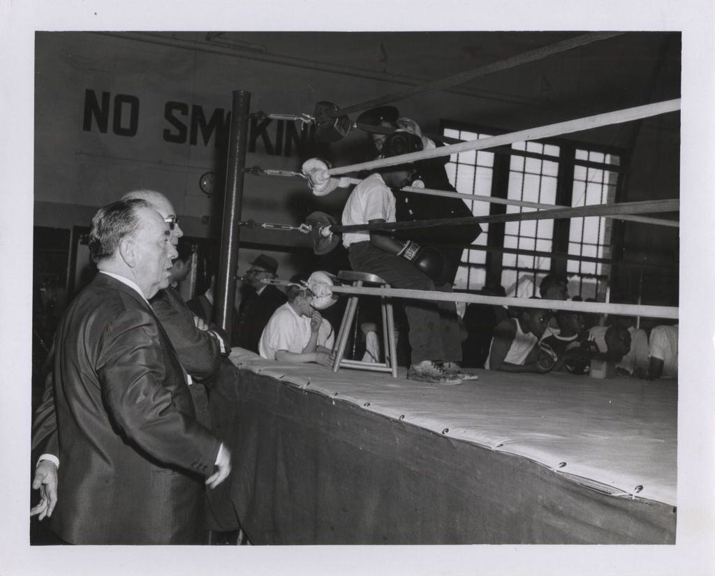 Miniature of Mayor Daley's Physical Fitness Award event, Richard J. Daley beside a boxing ring