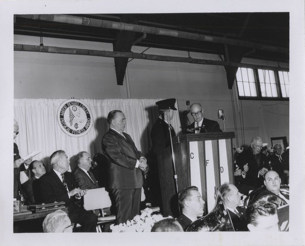 Miniature of Mayor Daley's Physical Fitness Award event, Richard J. Daley and other speakers