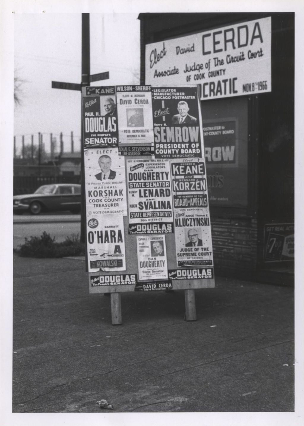 Miniature of Sandwich board with campaign posters for Democratic Party candidates