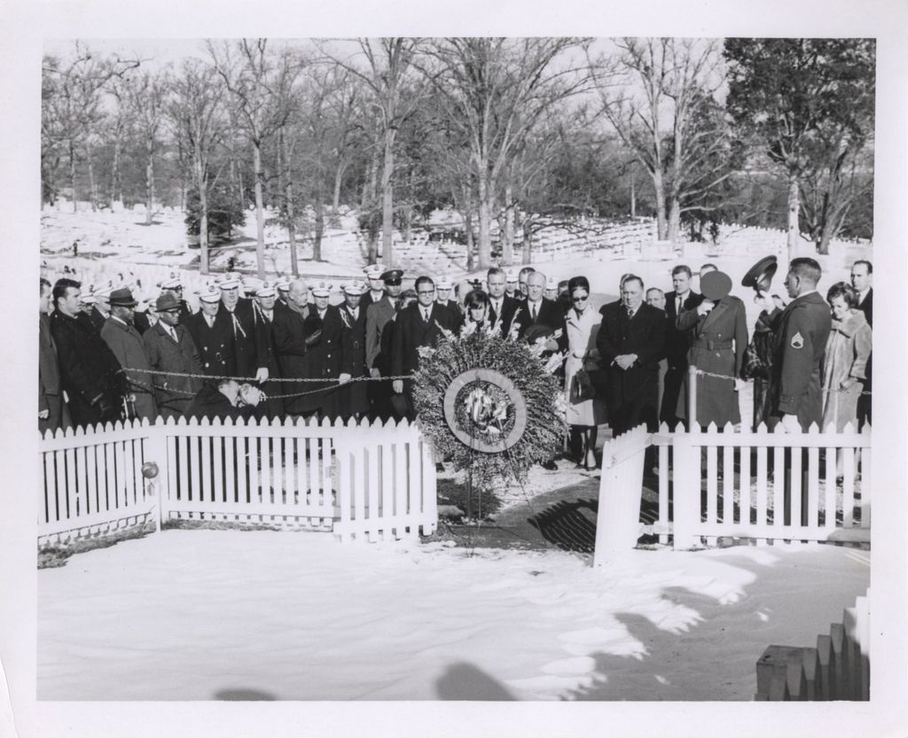 Miniature of John F. Kennedy's gravesite, Richard J. Daley laying wreath