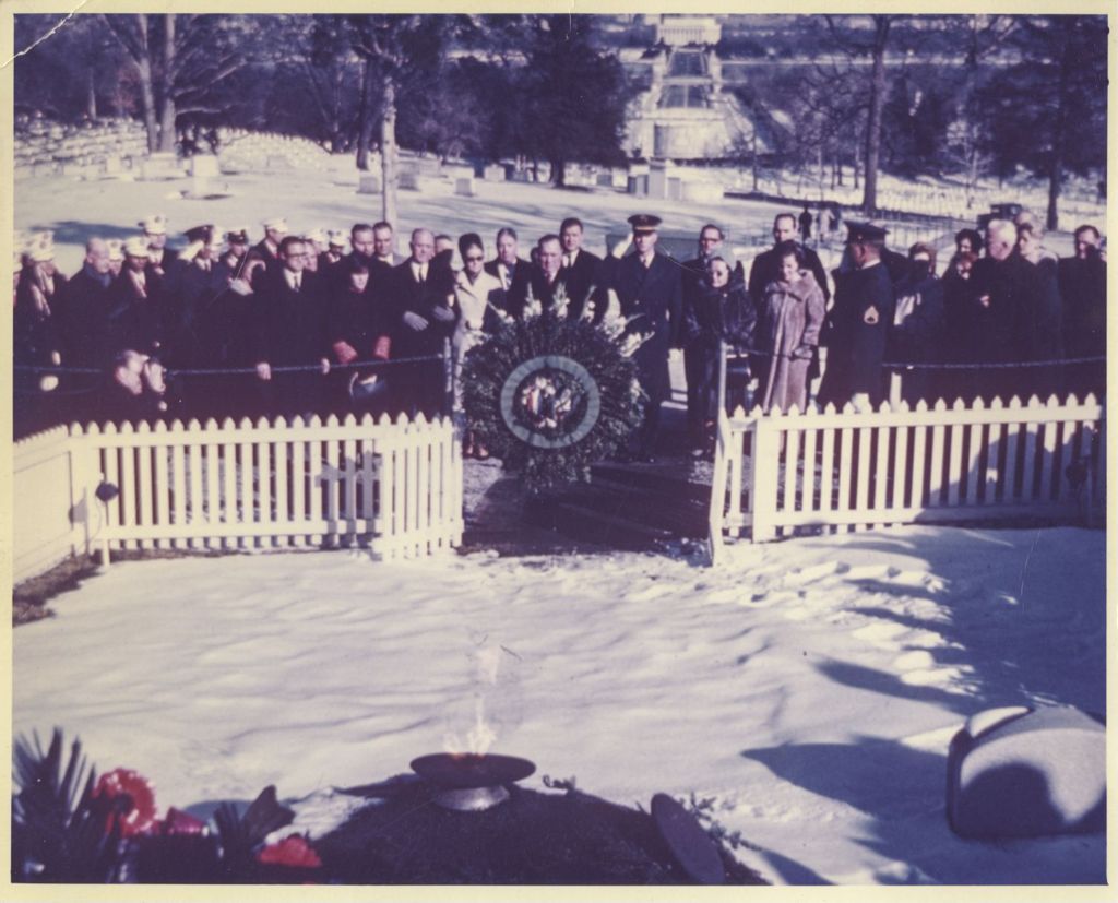 Miniature of John F. Kennedy's gravesite, Richard J. Daley laying wreath