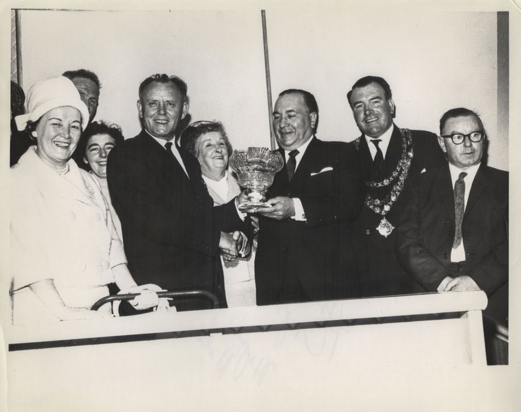 Trip to Ireland, Richard J. Daley accepting a Waterford crystal cup