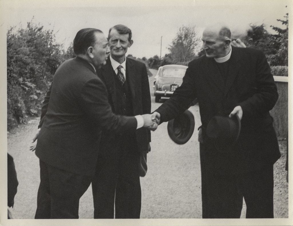 Trip to Ireland, Richard J. Daley shakes hands with a clergyman