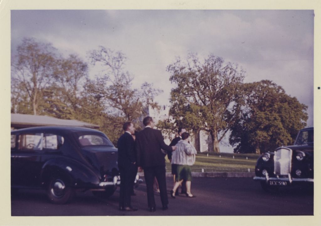 Trip to Ireland, Richard J. and Eleanor Daley exit a car near a castle