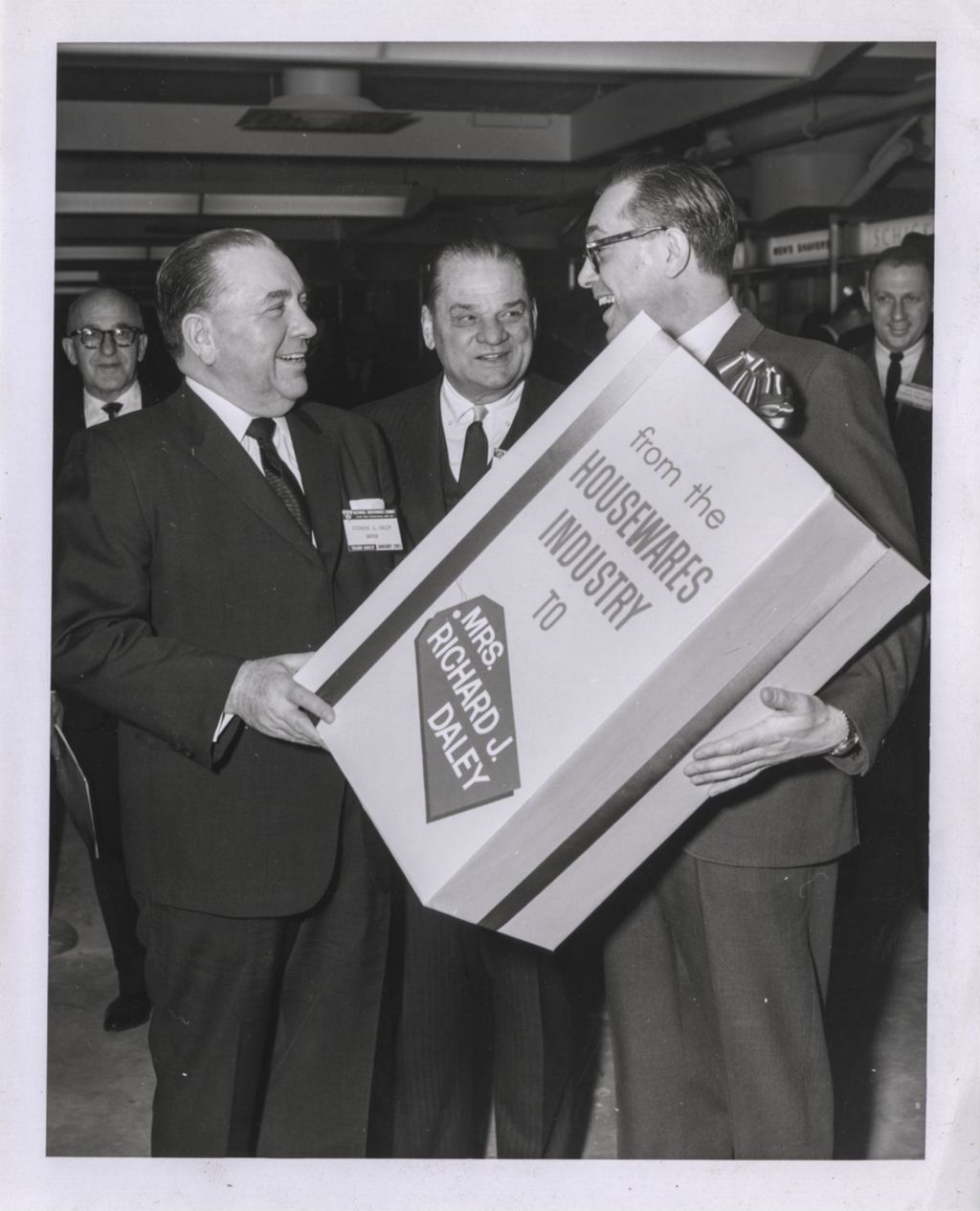 Richard J. Daley accepting gift for Eleanor Daley at National Housewares Exhibit
