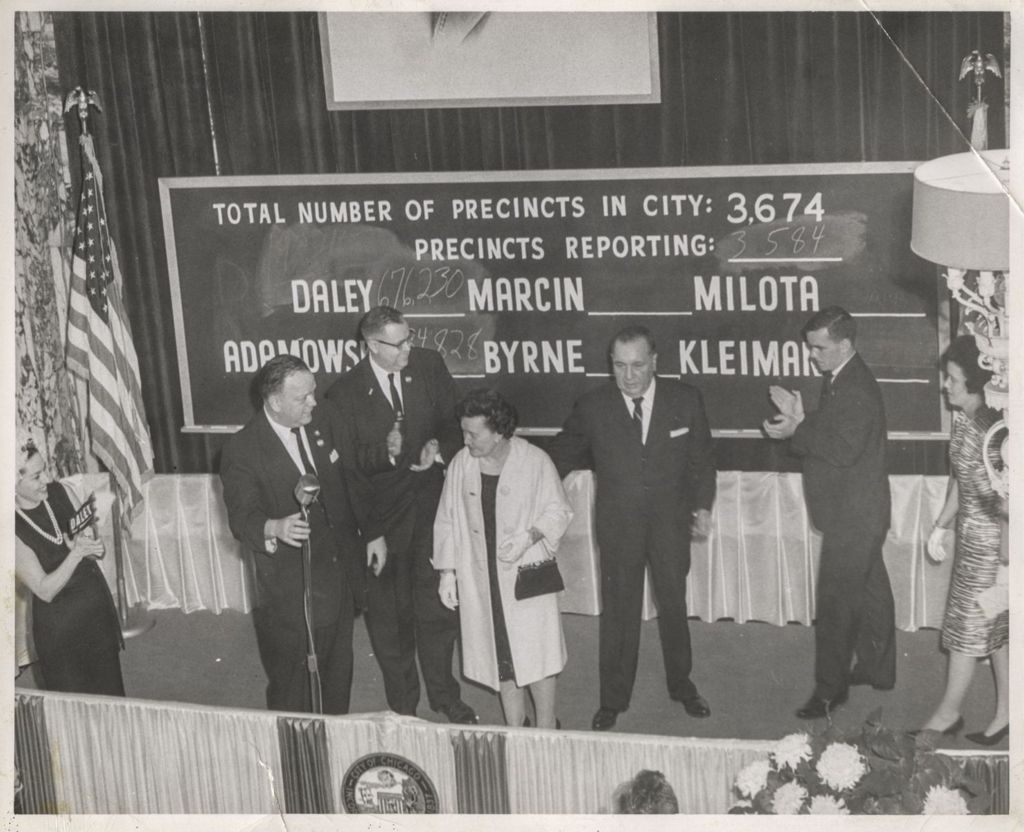 Miniature of Election night, Richard J. and Eleanor Daley in front of election results board