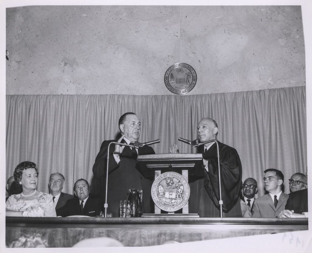 Miniature of Inauguration of Richard J. Daley, Judge Marovitz administers oath