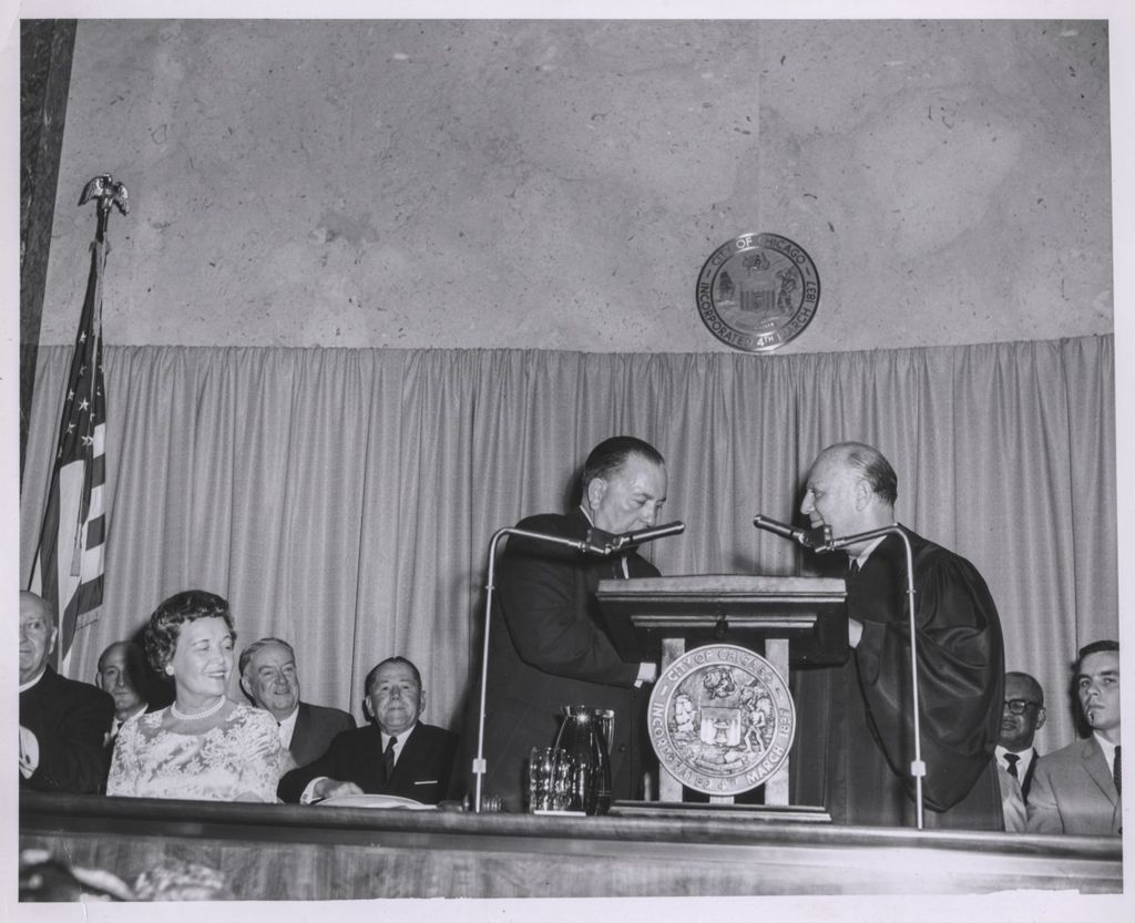 Miniature of Inauguration of Richard J. Daley, Judge Marovitz administers oath