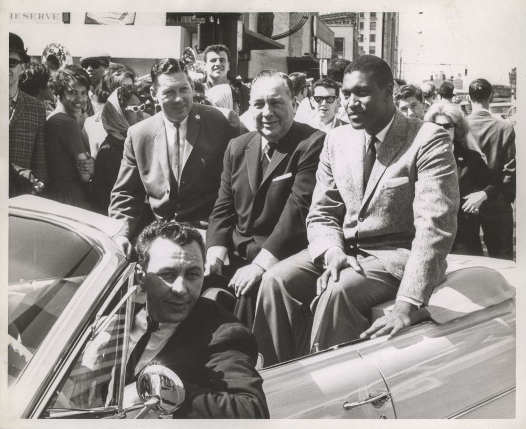 Miniature of Otto Kerner, Richard J. Daley, and an African American man in an open car