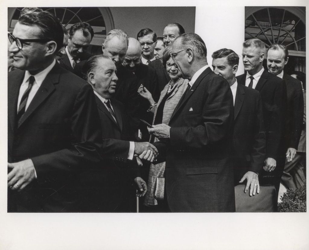 Richard J. Daley shaking hands with Lyndon B. Johnson