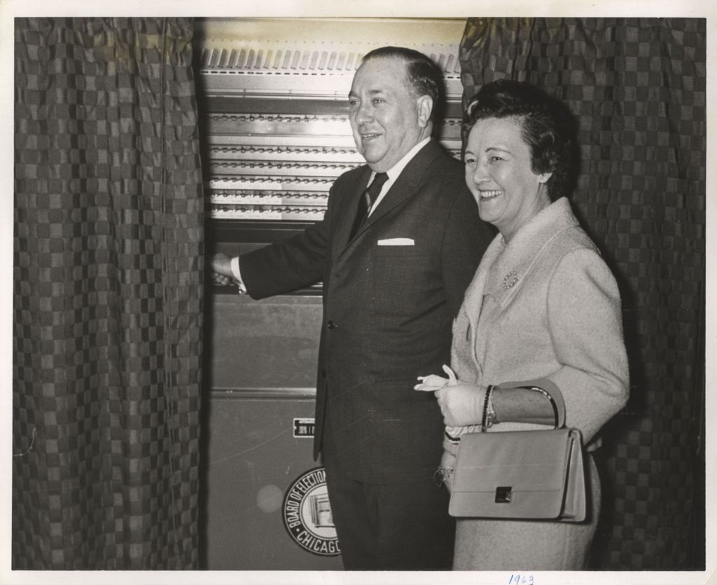 Richard J. Daley and Eleanor Daley at voting machine