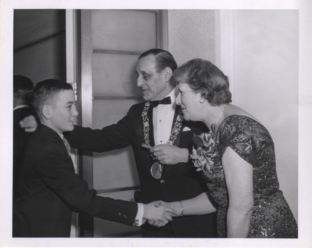 Miniature of Irish Fellowship Club of Chicago 61st Annual Banquet, Lord Mayor of Dublin and his wife greet William Daley