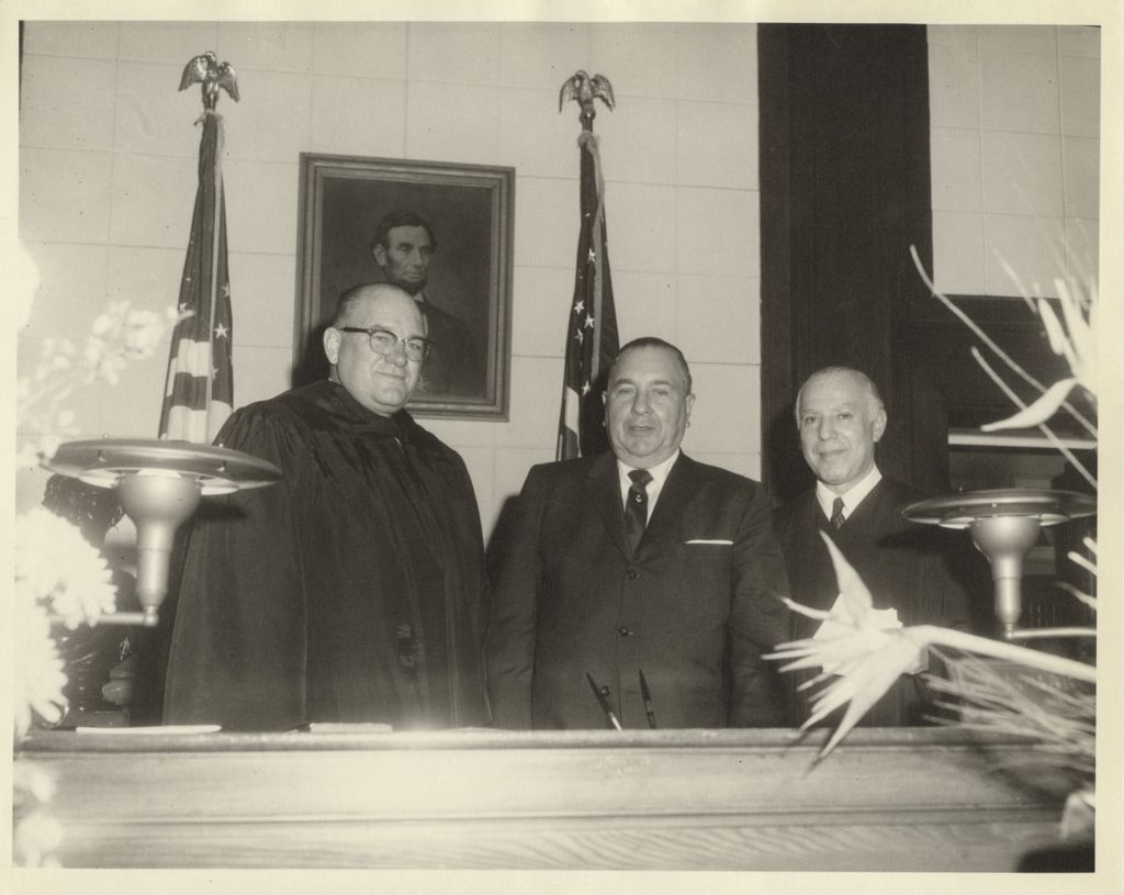 H. R. Friedland, Judge Marovitz and Richard J. Daley at Friedland's induction