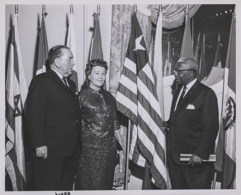 Consular Corps Reception, Richard J. and Eleanor Daley with a man from Liberia