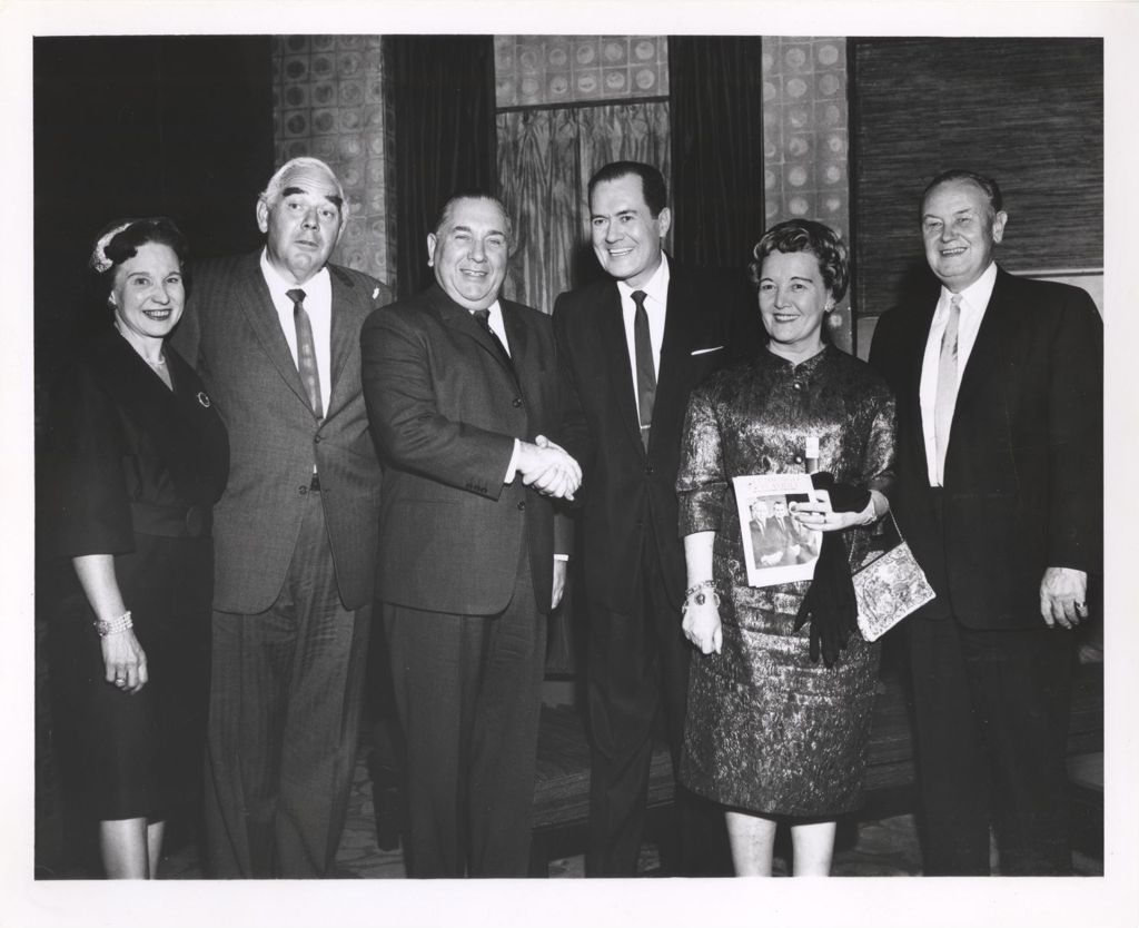 Miniature of Richard J. and Eleanor Daley with actors at a theater event